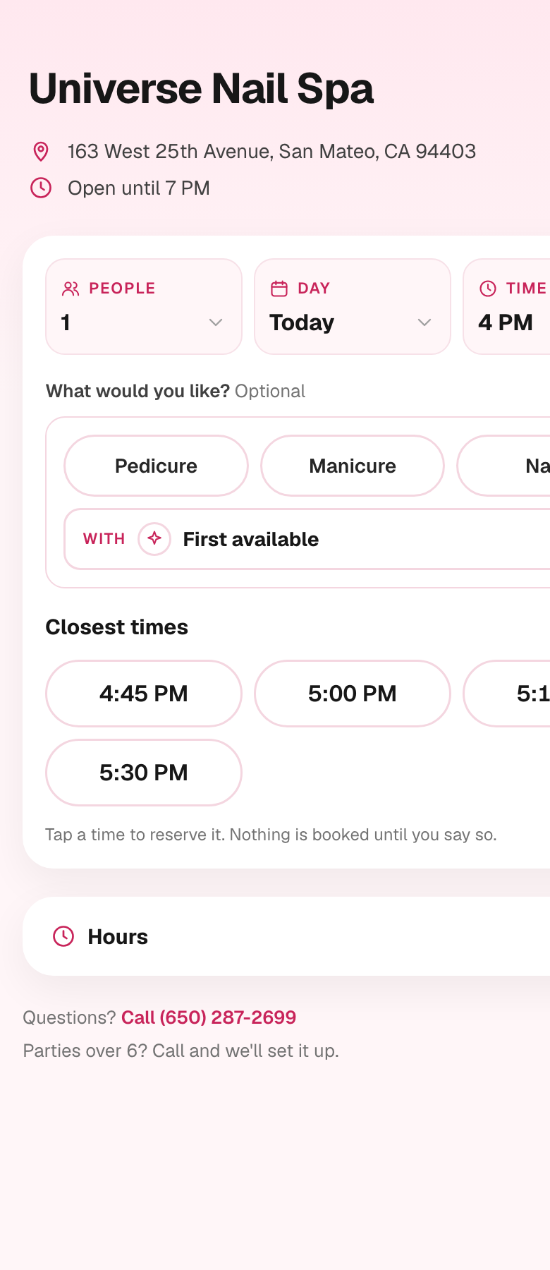 A salon's booking page on a phone: people, day, time and the closest open times