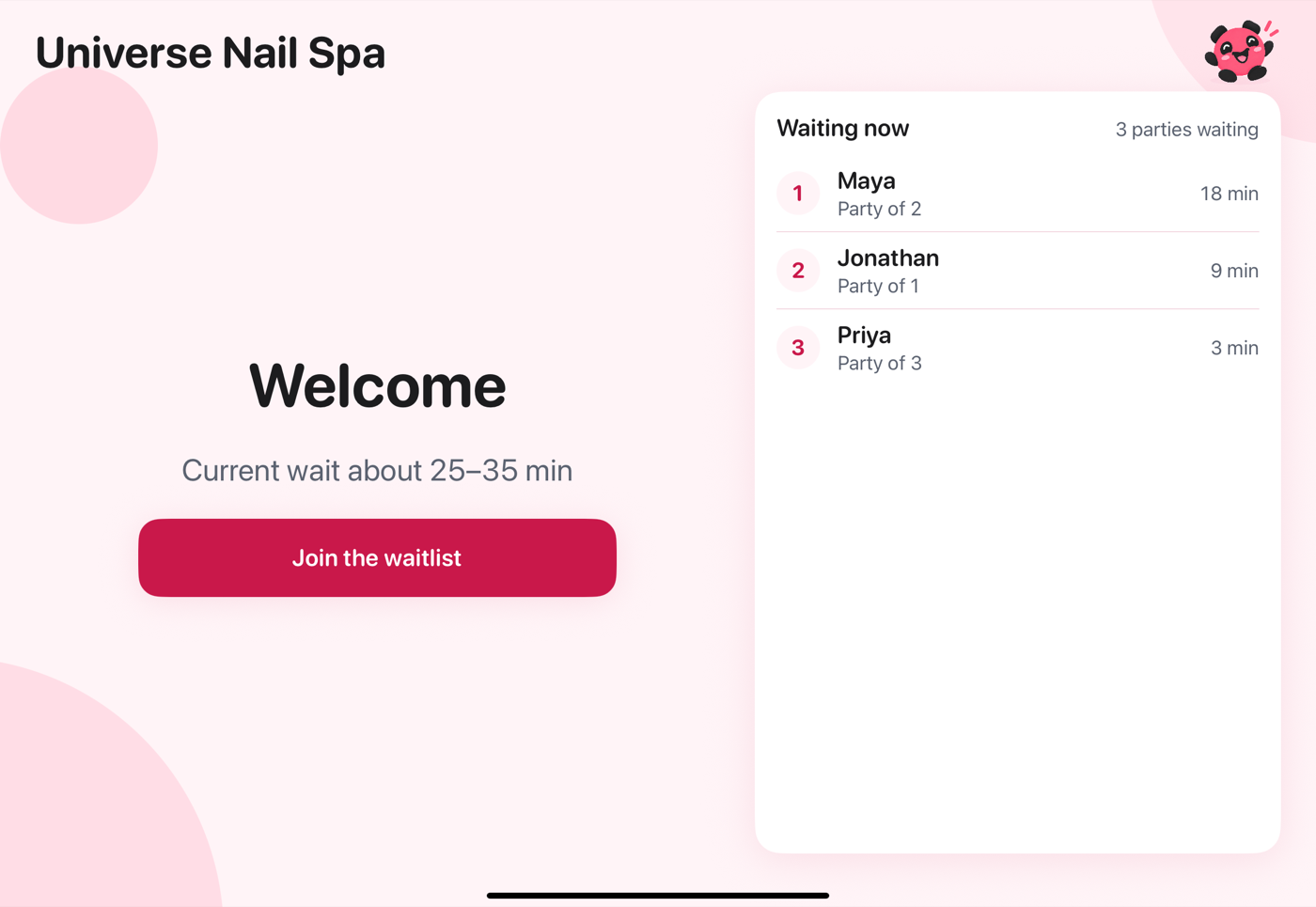 The InPops check-in kiosk on an iPad: Welcome, the current wait, Join the waitlist, and the three parties waiting now
